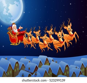 Santa Claus riding his reindeer sleigh flying in the sky