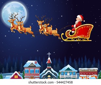 Santa Claus riding his reindeer sleigh flying over town