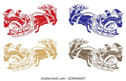 Santa Claus Riding His Sleigh Pulled By Reindeers Vector Illustration. Silhouette Of Santa Claus On Sleigh And His Reindeers
