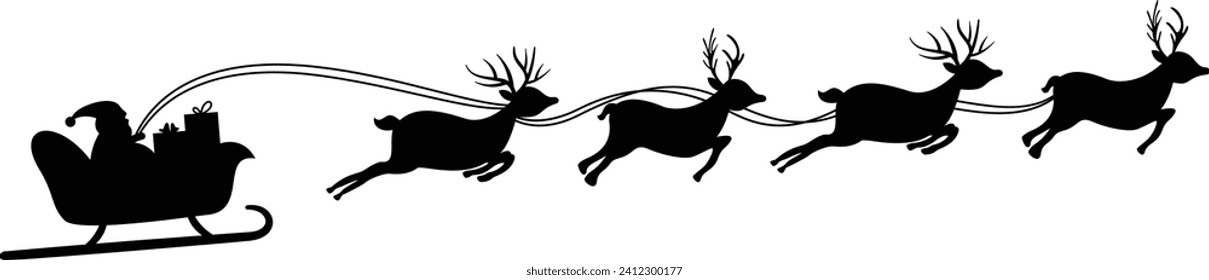 Santa Claus riding his sleigh pulled by reindeers. Silhouette of Santa Claus riding in a sleigh with reindeer Vector Christmas element. Flat Silhouette vector illustration on white background.