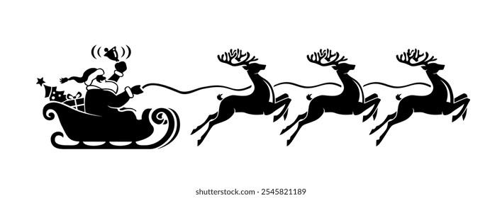 Santa Claus riding his sleigh pulled by reindeers and rings the bell. Vector Christmas element on transparent background