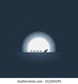 Santa Claus riding his sleigh christmas card vector template. Reindeer pulling sledge at high speed against the moonlight. Eps10 vector illustration.