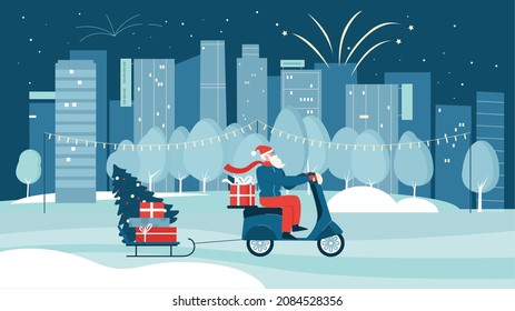 Santa Claus montando moto motora para entrega de regalos en ciudad de invierno, ilustración vectorial de tarjetas de felicitación navideña. Hipster de caricaturas con barba entregando árbol de Navidad y cajas con fondo de moto