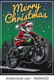 santa claus riding motorcycle in christmas greeting card design