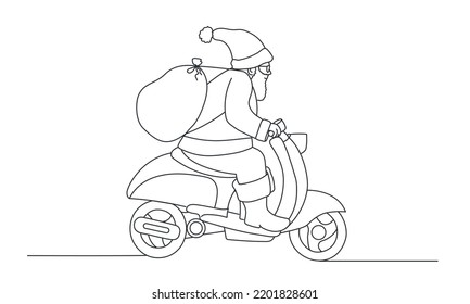 Santa Claus montando una motocicleta. Ilustración vectorial dibujada a mano. Blanco y negro.