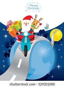 Santa Claus Riding Motorcycle With Reindeer On The Earth, Merry Christmas, Xmas, Happy New Year, Objects, Animals, Festive, Celebrations