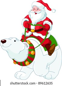 Santa Claus riding on the back of a friendly polar bear