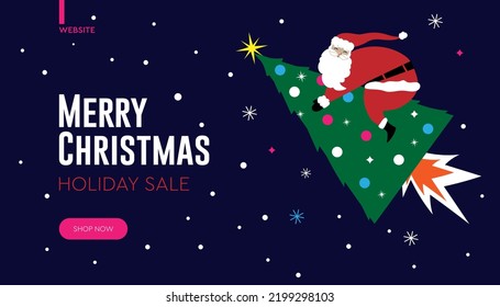 Santa Claus riding on a Christmas-tree. Web banner for Christmas shopping, sale, delivery. Vector illustration