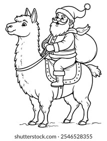 Santa Claus riding on the llama coloring page