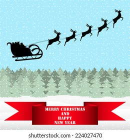 Santa Claus riding on a reindeer in the Christmas forest 