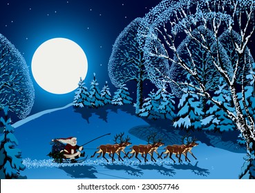 Santa Claus riding on reindeer sleigh through forest in Christmas time