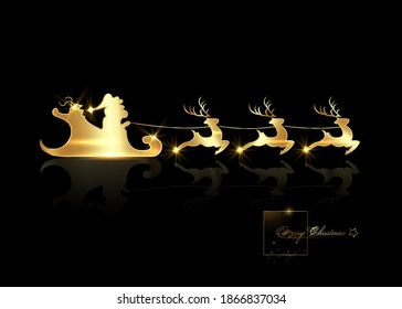 Santa Claus riding on sleigh with reindeer. Gold luxury logo, Christmas, xmas, new year concept. Cartoon vector illustration isolated on black background 