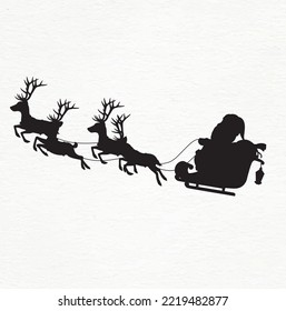Santa Claus riding on sleigh silhouette, Vector illustrations of Santa Claus flying on a reindeer sleigh. Christmas theme silhouette