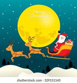 Santa Claus Riding On Sleigh, Full Moon, Merry Christmas, Xmas, Happy New Year, Objects, Animals, Festive, Celebrations