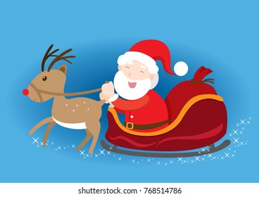 Santa Claus riding on a sleigh. Reindeer and sleigh with a bag of presents. 