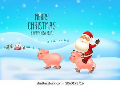 Santa claus riding a pig in the snow. Winter season landscape for Christmas scene