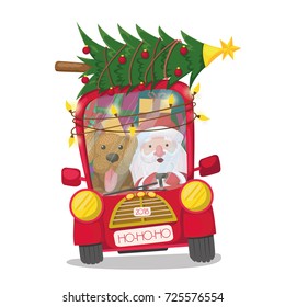 Santa Claus está montando un auto rojo con un perro, un árbol de Navidad, regalos y un guirnalda. ilustración vectorial, festividades, Navidad, año nuevo