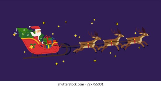 Santa Claus riding red sleigh pulled by reindeers vector flat illustration. Xmas themed character Santa Claus with Christmas tree and gift boxes in his sleigh with deers  flying in starry night sky