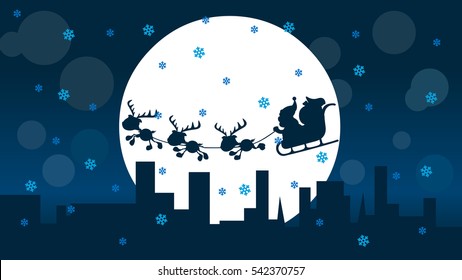 Santa Claus montando renos trinea sobre un grupo de edificios altos en una ciudad por la noche con una gran luna resplandeciente y copos de nieve en caída. Feliz Año Nuevo y Feliz Navidad, plantilla vectorial