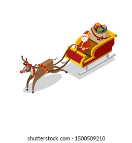 Santa Claus riding reindeer sleigh isometric vector symbol - icon - logo illustration