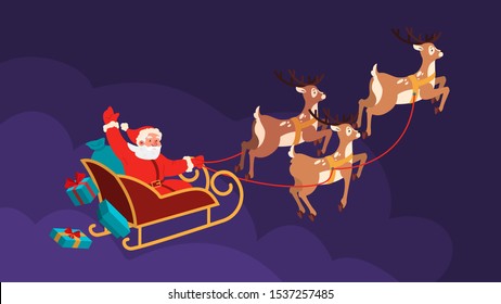 Santa Claus riding reindeer sleigh flying away at night. Christmas cartoon illustration. Santa waving and smiling.