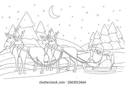 Santa Claus is riding in a reindeer sleigh with a bag of gifts. Fabulous coloring book for greetings, invitations, creativity, covers. Vector illustration.