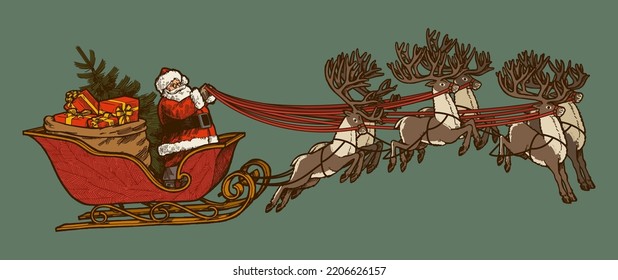 Santa Claus riding reindeer sleigh full of presents. Christmas character illustration isolated.