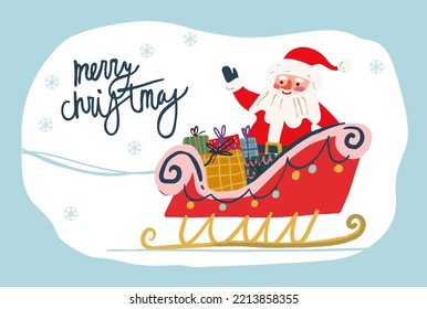 Santa Claus riding reindeer sleigh Merry Christmas vector illustration. Greeting card poster, banner.