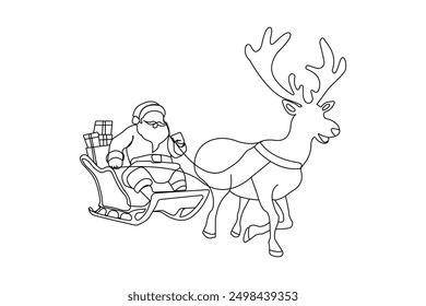 Santa Claus montando trineo de renos con el contorno de los regalos de Navidad. Navidades Ilustraciones vectoriales de elementos.