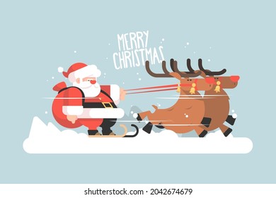 Santa claus riding reindeer vector illustration. Christmas character in costume with beard on sleigh flat style. Winter holiday and merry christmas concept. Isolated on blue background