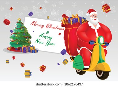 Santa Claus riding a retro scooter and wishing Merry Christmas and Happy new year