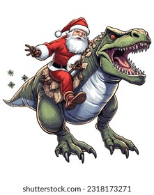 santa claus riding a rex dinosaur Illustration on white background
