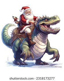 santa claus montando un rex dinosaur Ilustración sobre fondo blanco
