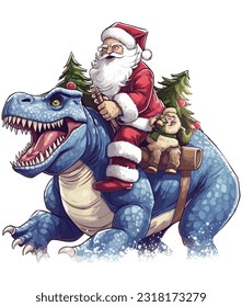 santa claus riding a rex dinosaur Illustration on white background
