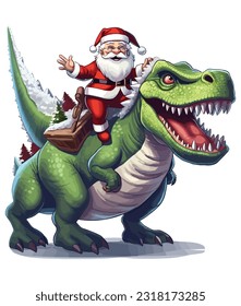 santa claus riding a rex dinosaur Illustration on white background
