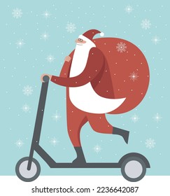 Santa Claus montando moto y cargando un enorme saco de regalos. Tarjeta navideña Vector plano