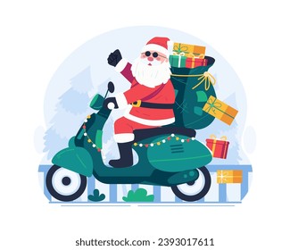 Santa Claus Riding a Scooter, Carrying a Sack Full of Gifts. Merry Christmas Concept Illustration