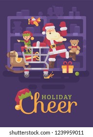 Santa Claus riding a shopping cart with his elf in a toy supermarket. Christmas flat illustration card