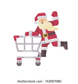 Santa Claus riding a shopping cart. Happy Christmas character flat illustration