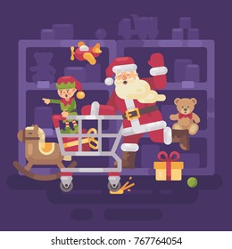 Santa Claus riding a shopping cart with his elf in a toy supermarket. Christmas flat illustration