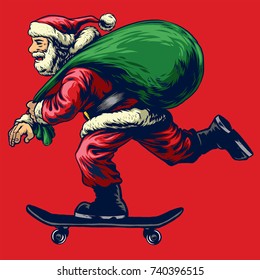 santa claus riding skateboard while bringing a full bag of chris