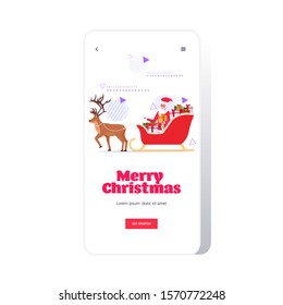 santa claus riding in sledge with reindeer merry christmas happy new year winter holidays celebration concept smartphone screen online mobile app greeting card full length vector illustration