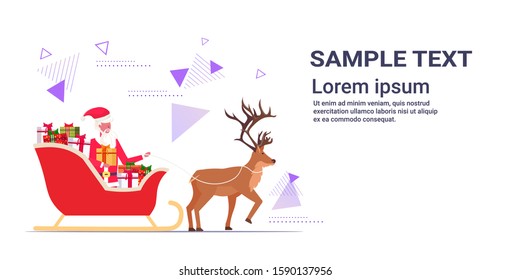 santa claus riding in sledge with reindeer merry christmas happy new year winter holidays celebration concept greeting card horizontal full length copy space vector illustration