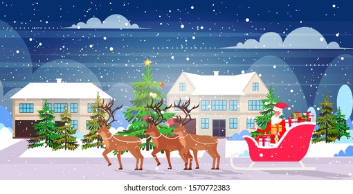 santa claus riding in sledge with reindeers merry christmas happy new year winter holidays celebration concept snowy countryside landscape background horizontal full length vector illustration