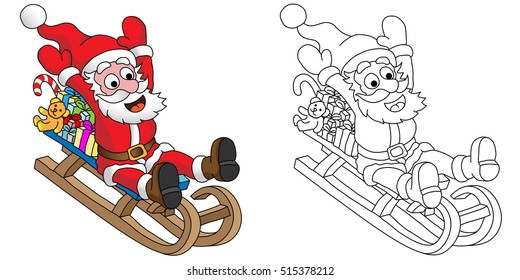 Santa Claus, riding in a sledge. Vector cartoon illustration. Coloring book page
