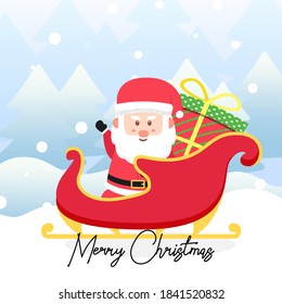 Santa claus riding sleigh carrying a Big gift box with scene winter landscape.Cute Christmas Character