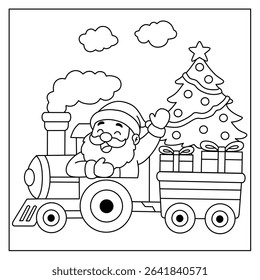 Santa Claus riding a sleigh carrying a Christmas tree and gifts to share. Illustration of a children's coloring book with a Christmas celebration theme.