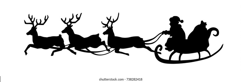 Santa Claus is riding in a sleigh with a cart of deer. Black Santa silhouette isolated on white background. Vector illustration