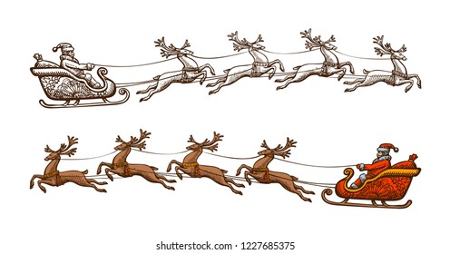 Santa Claus Is Riding In A Sleigh. Christmas, Celebration Concept. Sketch Vintage Vector Illustration