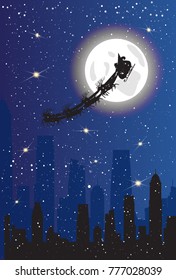 Santa Claus Riding Sleigh With Deers Over Modern City Background Christmas Decoration Banner Flat Vector Illustration เวกเตอร์สต็อก